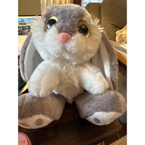 My OLi Grey White Plush Bunny Rabbit Gold Glitter Eyes Floppy Ears 9 Inch